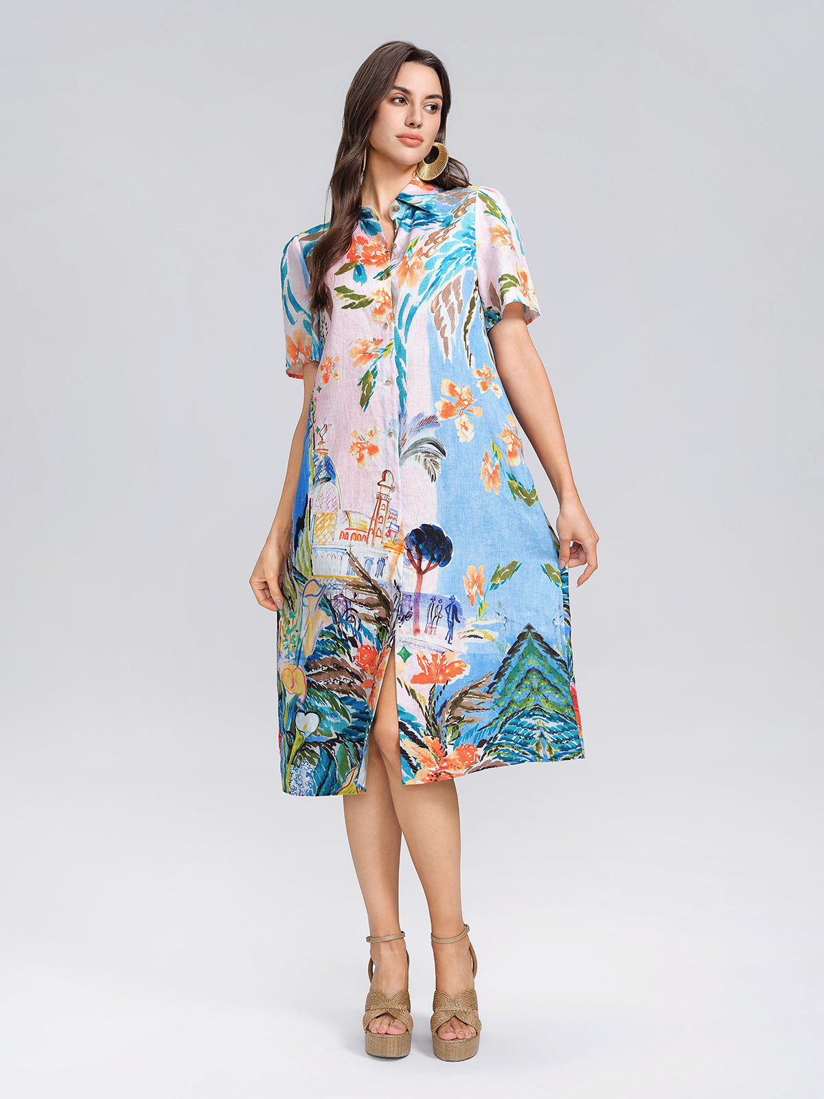 100% Linen Island Oil Print Shirt Dress