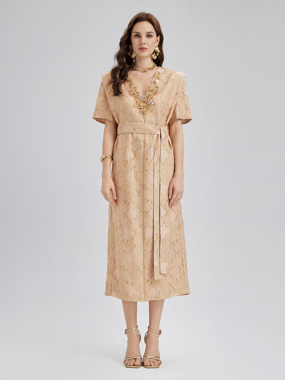 Metallic Jacquard Beaded Padded Shoulders Dress