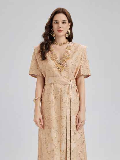 Metallic Jacquard Beaded Padded Shoulders Dress