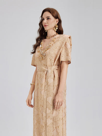Metallic Jacquard Beaded Padded Shoulders Dress
