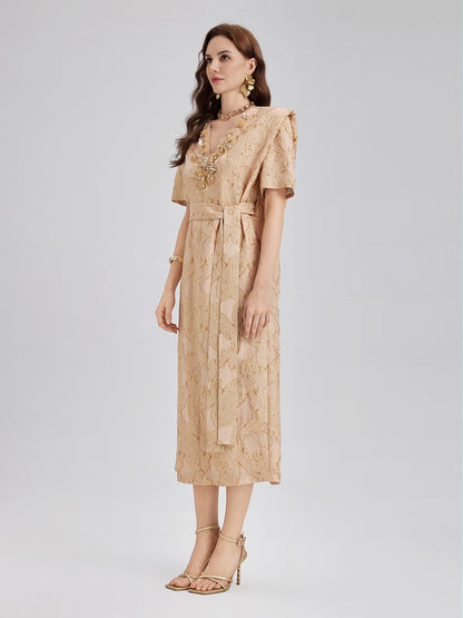 Metallic Jacquard Beaded Padded Shoulders Dress