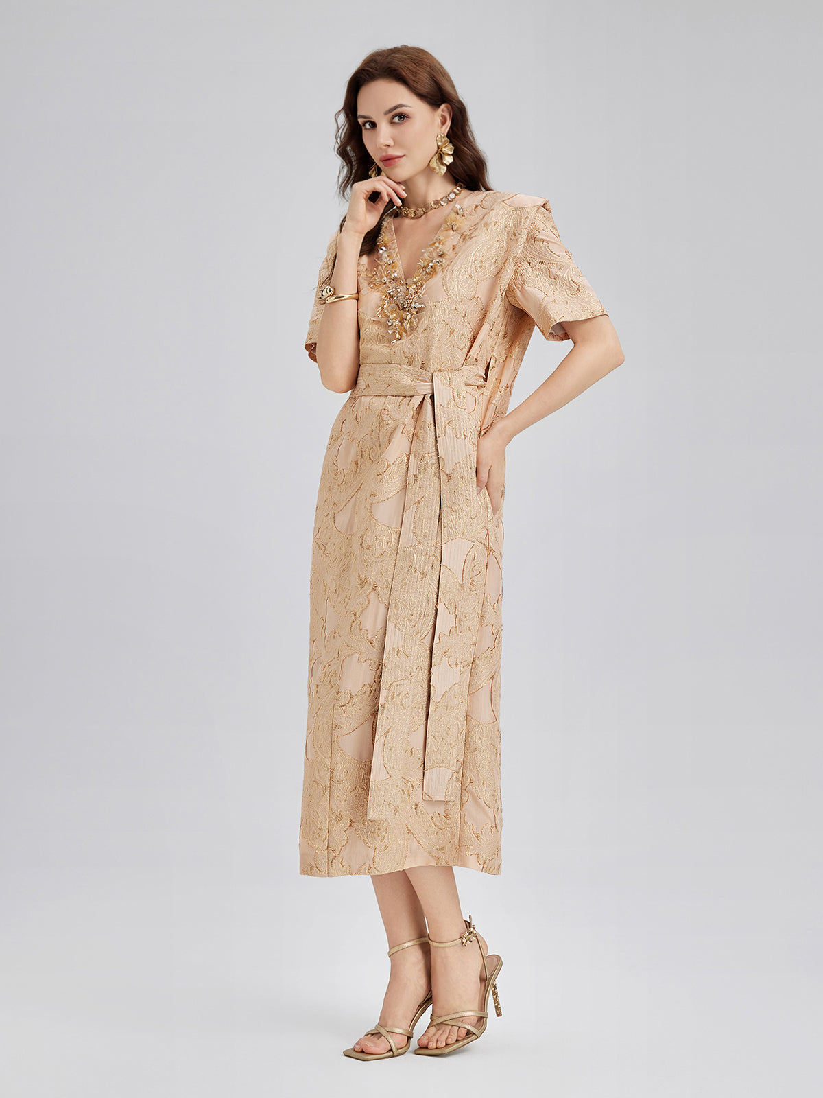 Metallic Jacquard Beaded Padded Shoulders Dress