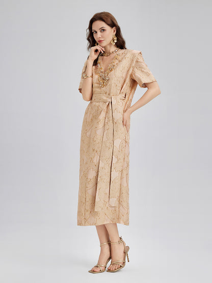 Metallic Jacquard Beaded Padded Shoulders Dress