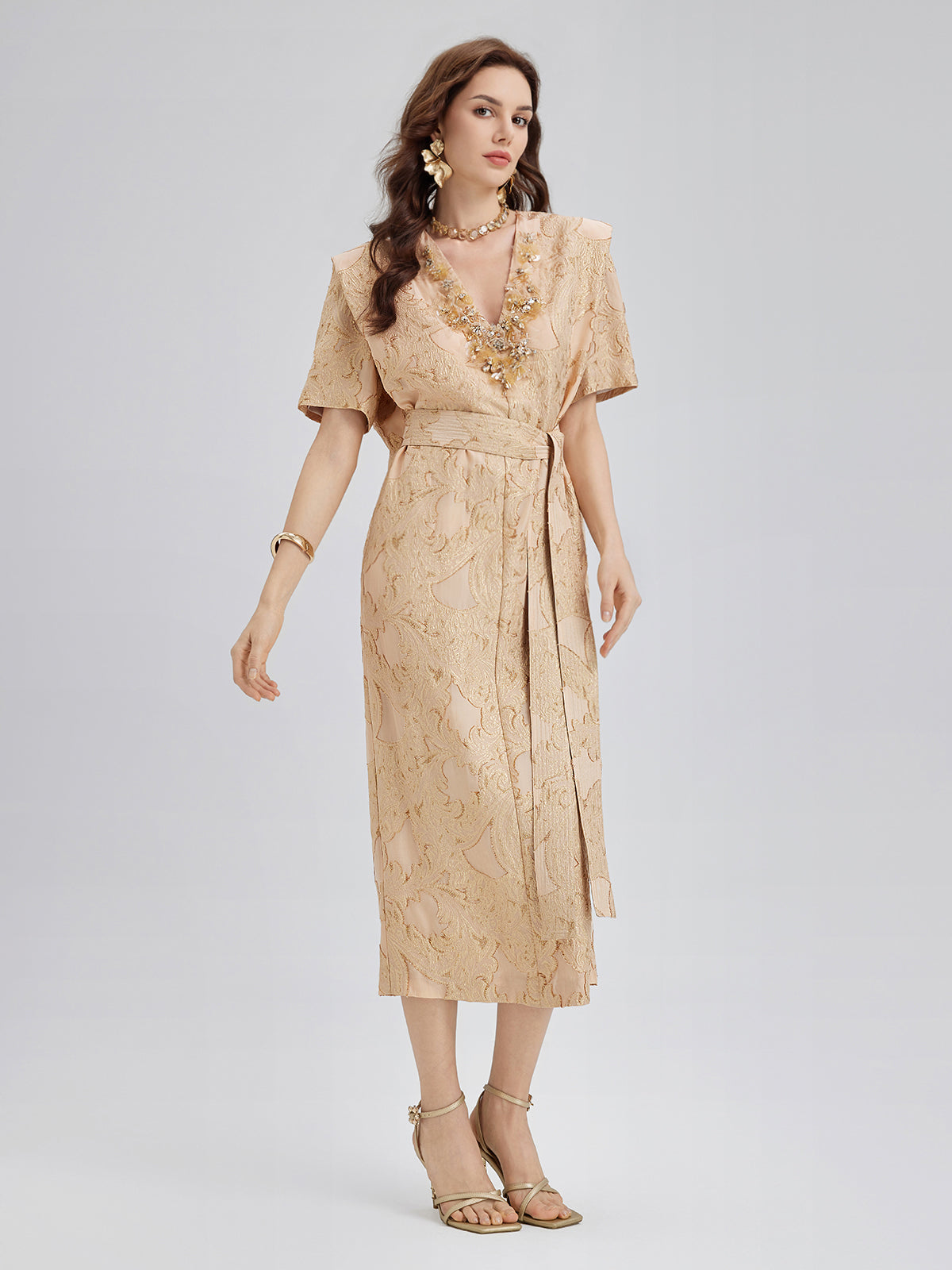 Metallic Jacquard Beaded Padded Shoulders Dress