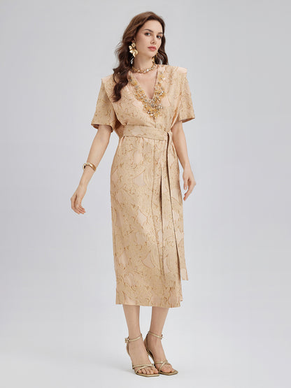Metallic Jacquard Beaded Padded Shoulders Dress