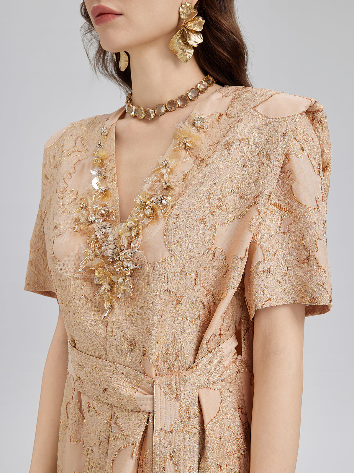 Metallic Jacquard Beaded Padded Shoulders Dress