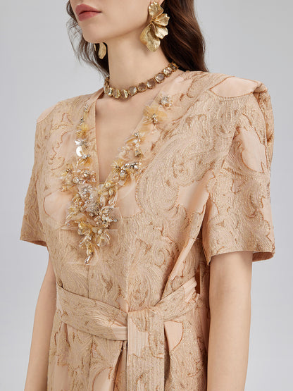 Metallic Jacquard Beaded Padded Shoulders Dress