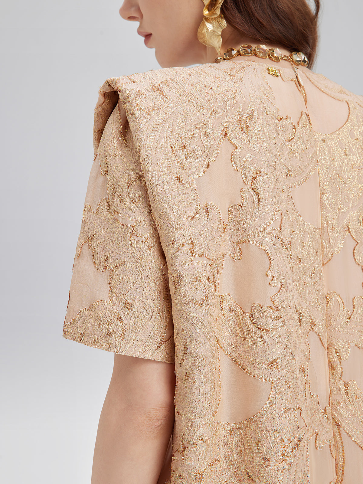 Metallic Jacquard Beaded Padded Shoulders Dress