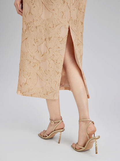 Metallic Jacquard Beaded Padded Shoulders Dress