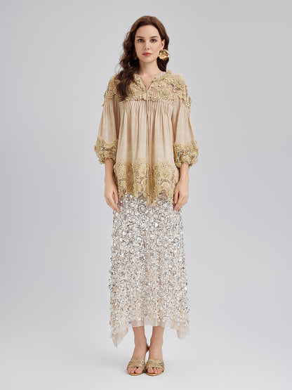 Lyocell Panelled Pleated Floral Lace Top