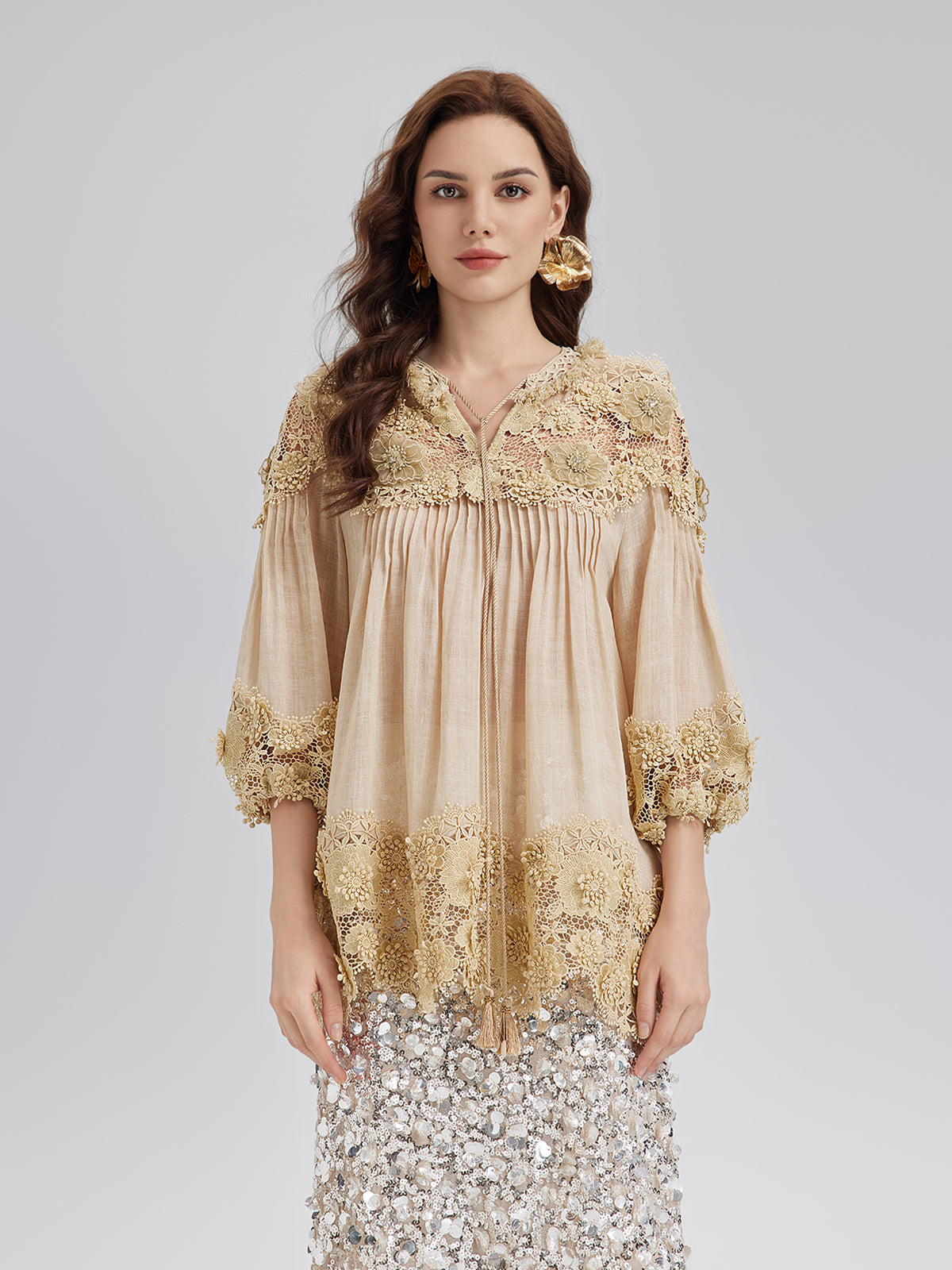 Lyocell Panelled Pleated Floral Lace Top