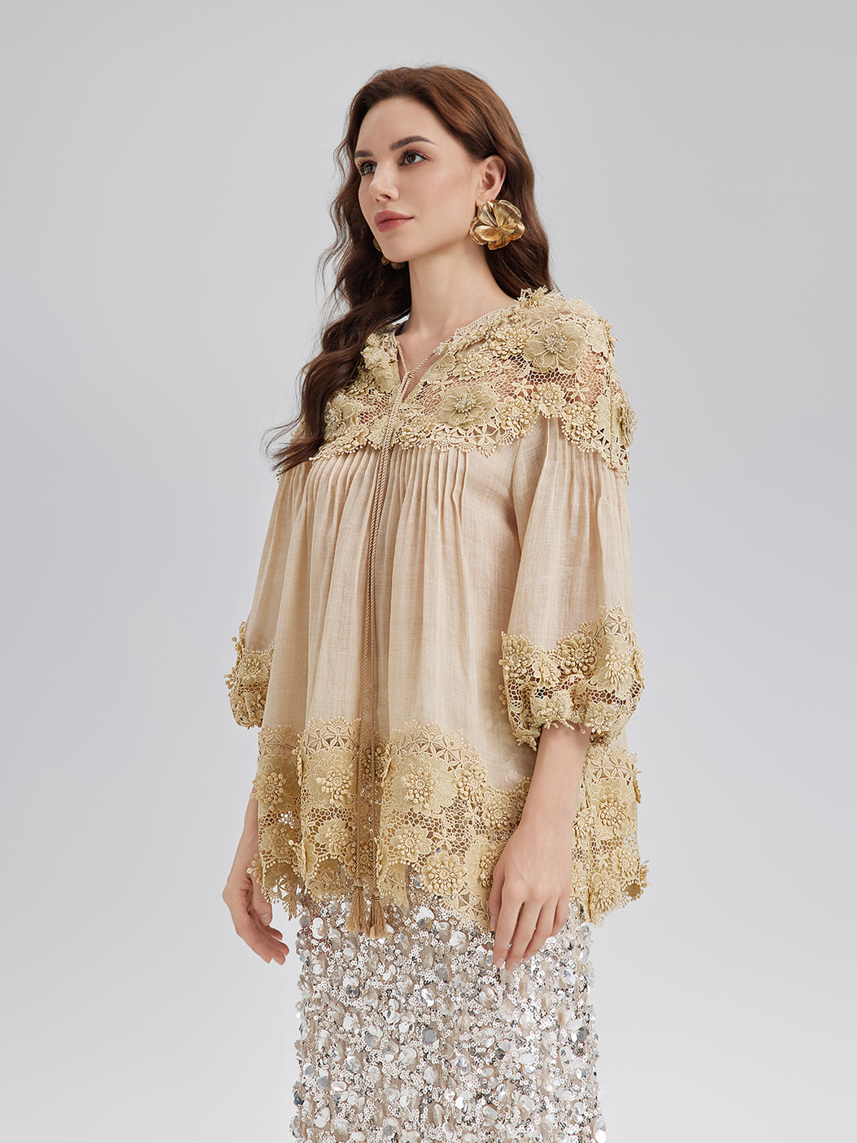 Lyocell Panelled Pleated Floral Lace Top