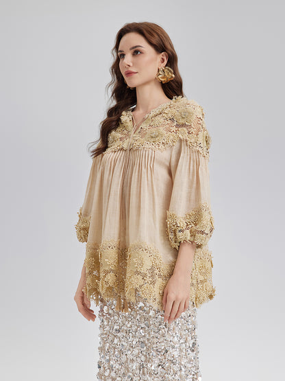 Lyocell Panelled Pleated Floral Lace Top