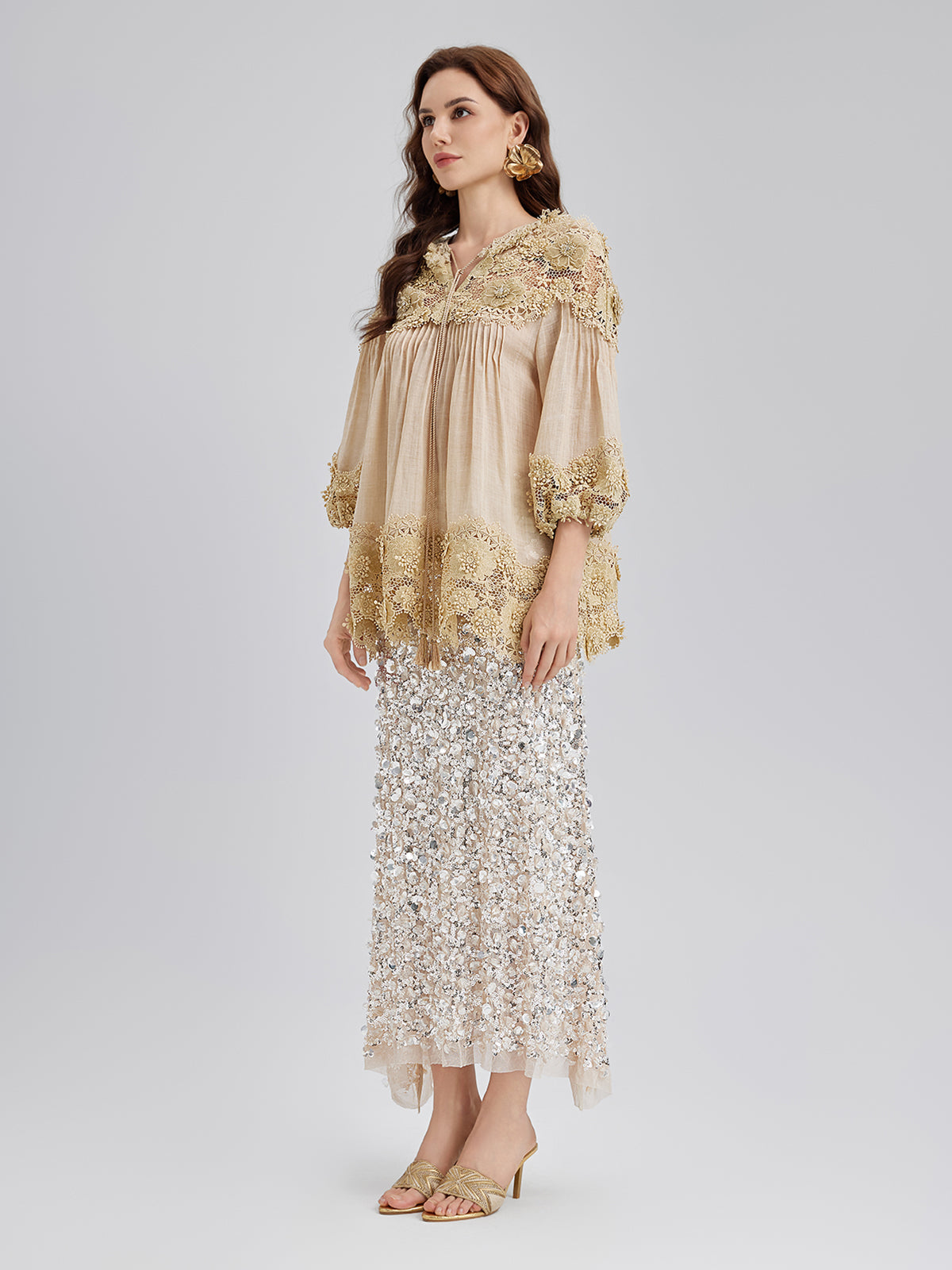 Lyocell Panelled Pleated Floral Lace Top