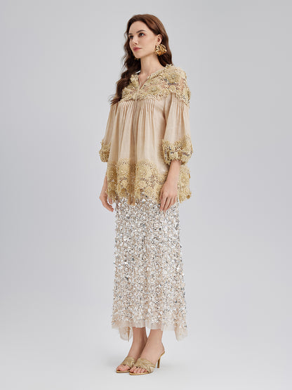 Lyocell Panelled Pleated Floral Lace Top
