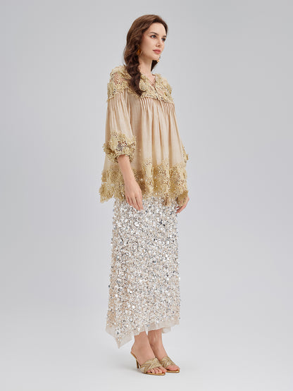 Lyocell Panelled Pleated Floral Lace Top