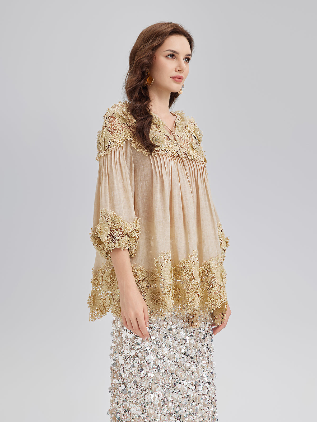 Lyocell Panelled Pleated Floral Lace Top