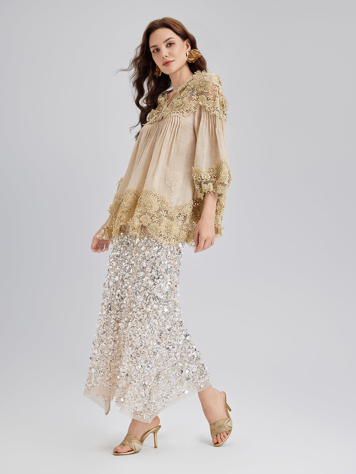 Lyocell Panelled Pleated Floral Lace Top