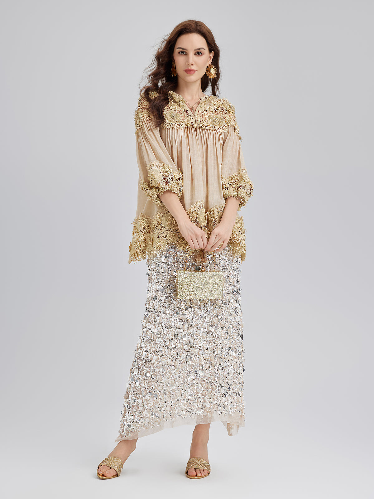 Lyocell Panelled Pleated Floral Lace Top
