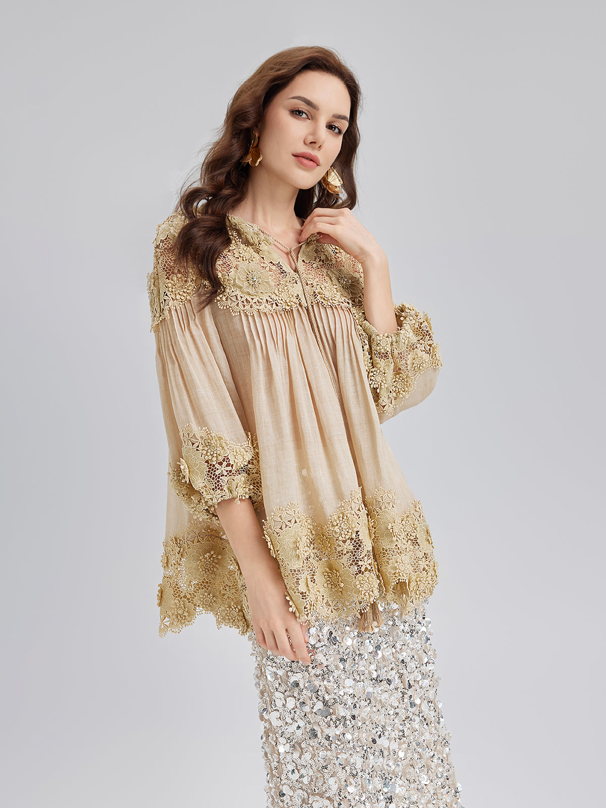 Lyocell Panelled Pleated Floral Lace Top