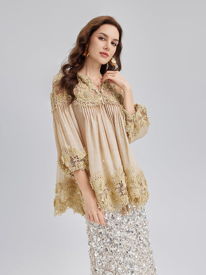 Lyocell Panelled Pleated Floral Lace Top