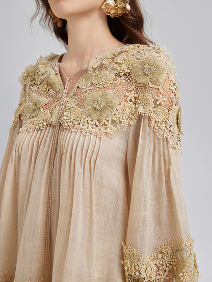 Lyocell Panelled Pleated Floral Lace Top