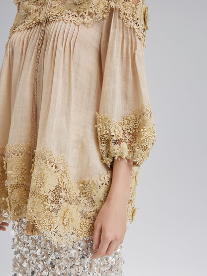 Lyocell Panelled Pleated Floral Lace Top