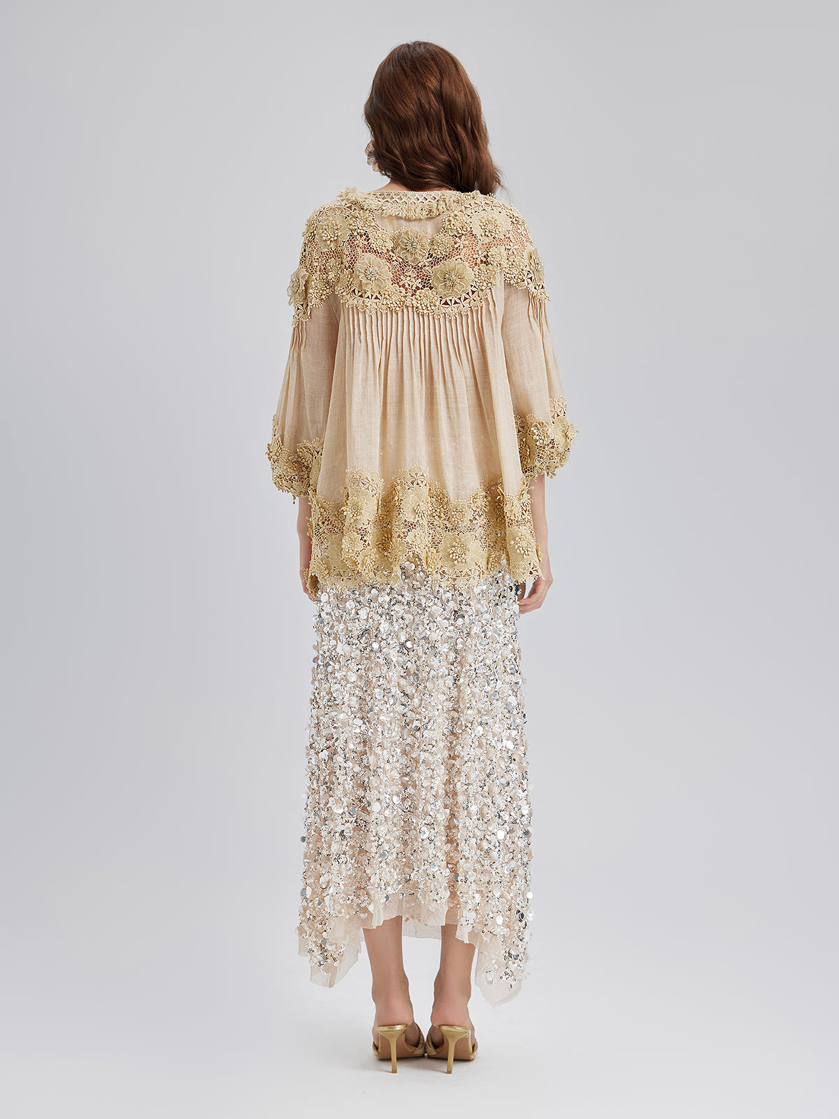 Lyocell Panelled Pleated Floral Lace Top