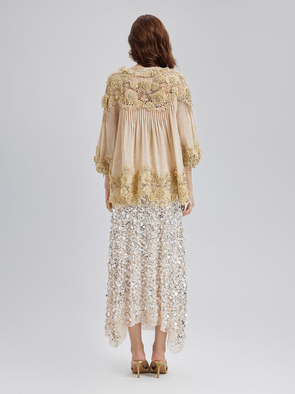 Lyocell Panelled Pleated Floral Lace Top