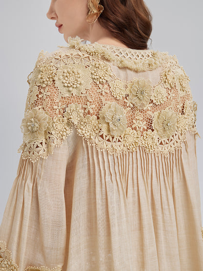 Lyocell Panelled Pleated Floral Lace Top