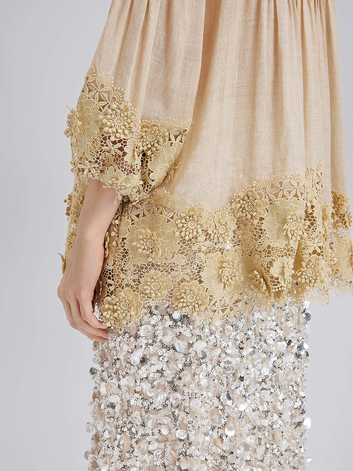 Lyocell Panelled Pleated Floral Lace Top