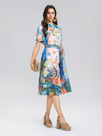 100% Linen Island Oil Print Shirt Dress