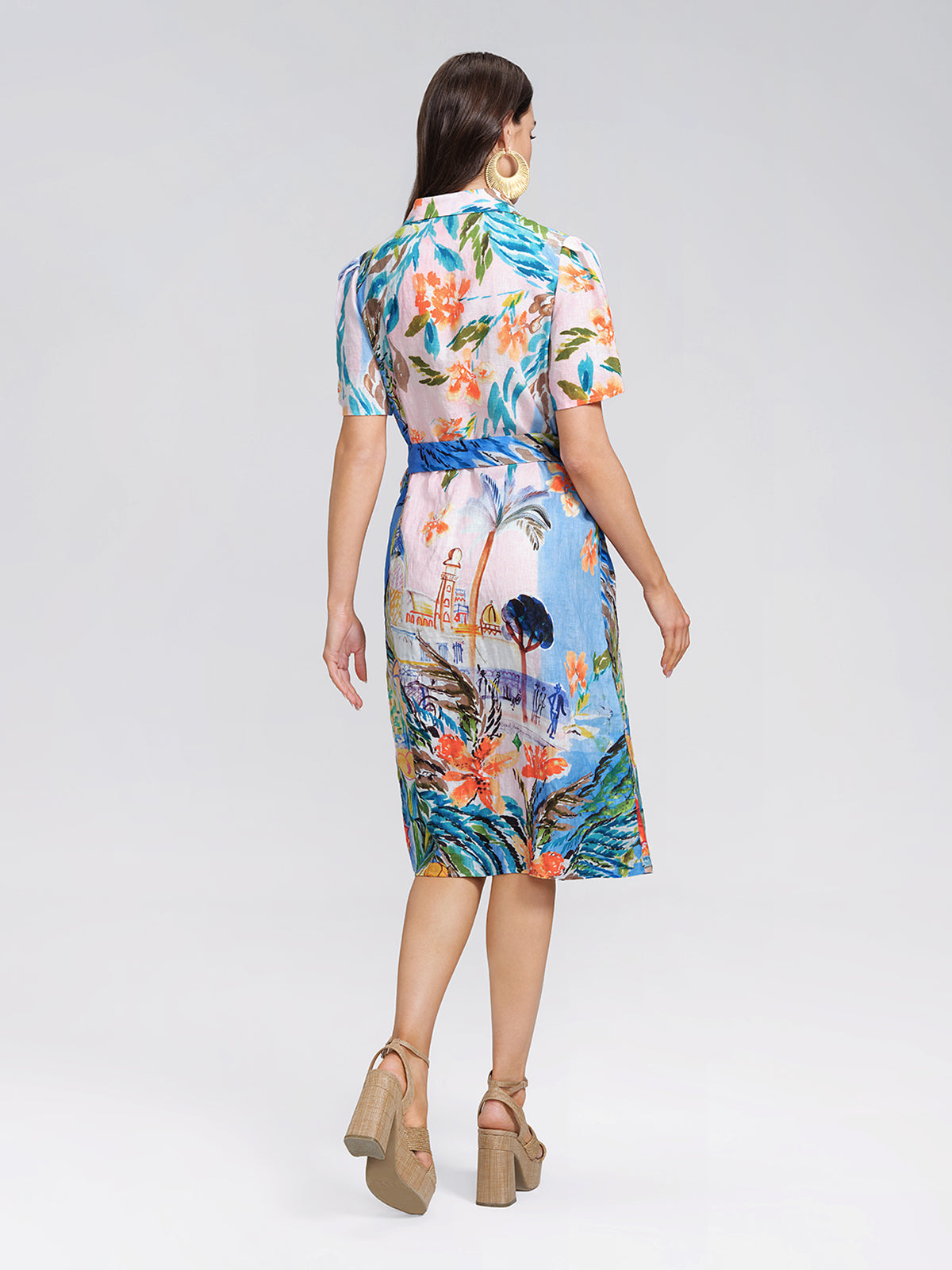 100% Linen Island Oil Print Shirt Dress