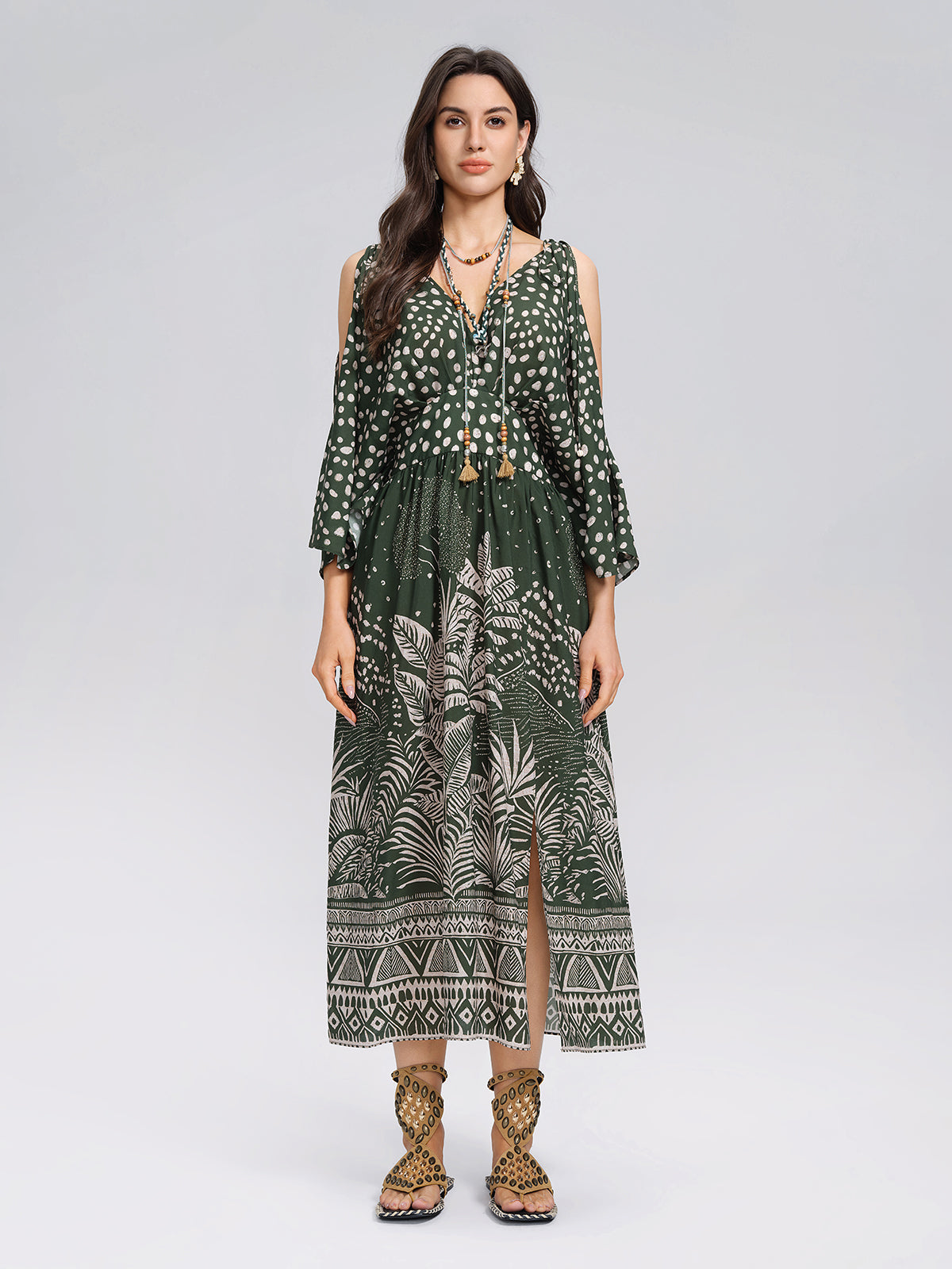 Tropical Botanical Print Off Shoulder Dress