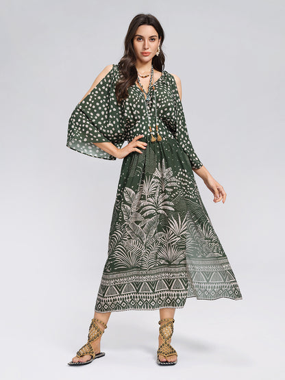 Tropical Botanical Print Off Shoulder Dress
