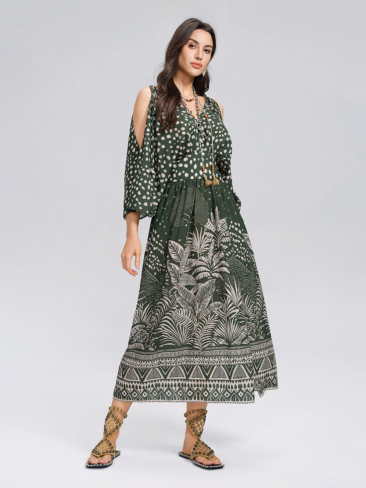 Tropical Botanical Print Off Shoulder Dress