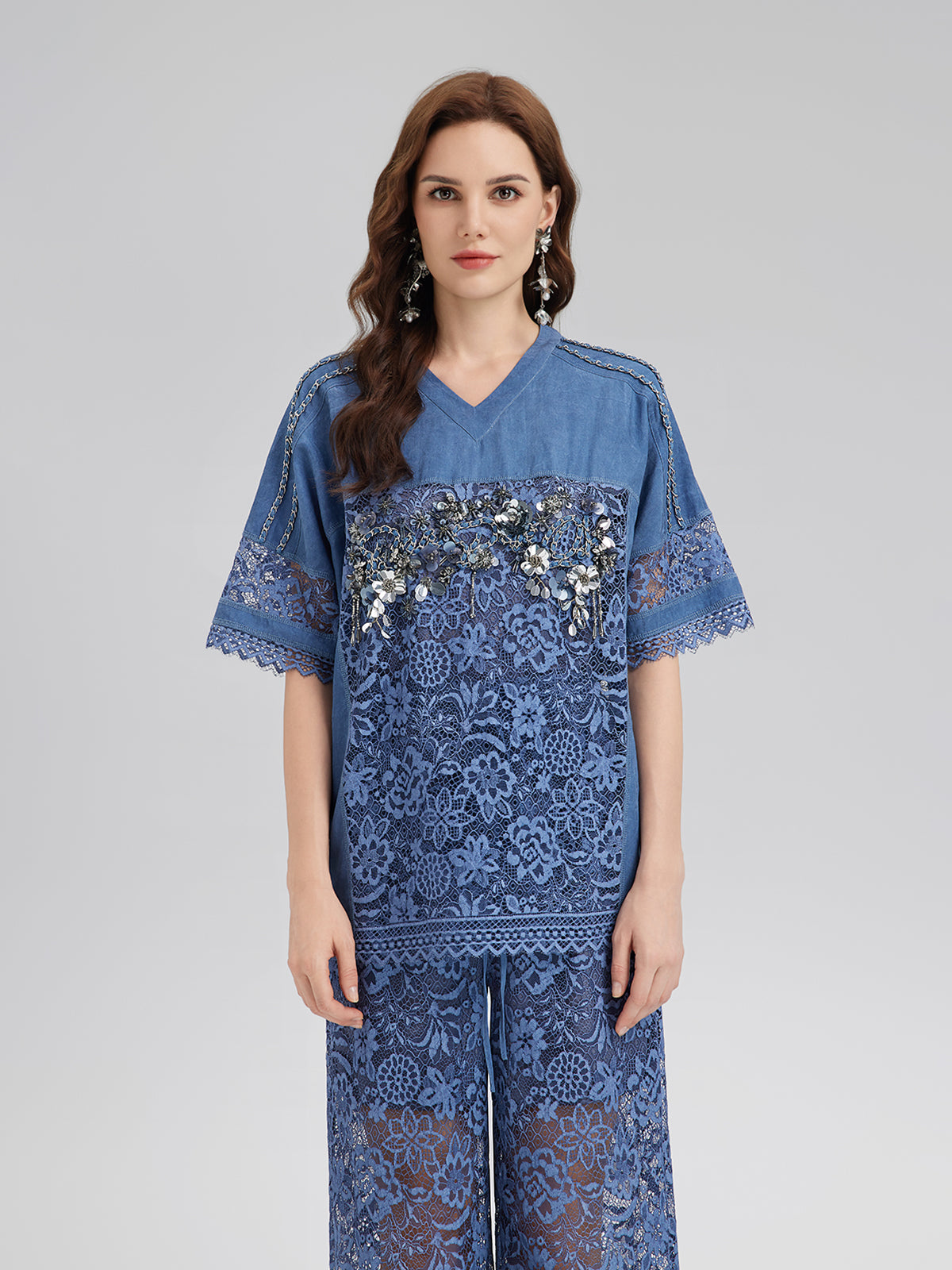 Hand-Beaded Lace Panel V-Neck Top