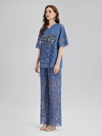 Sand Wash Lace Elastic Waist Pants