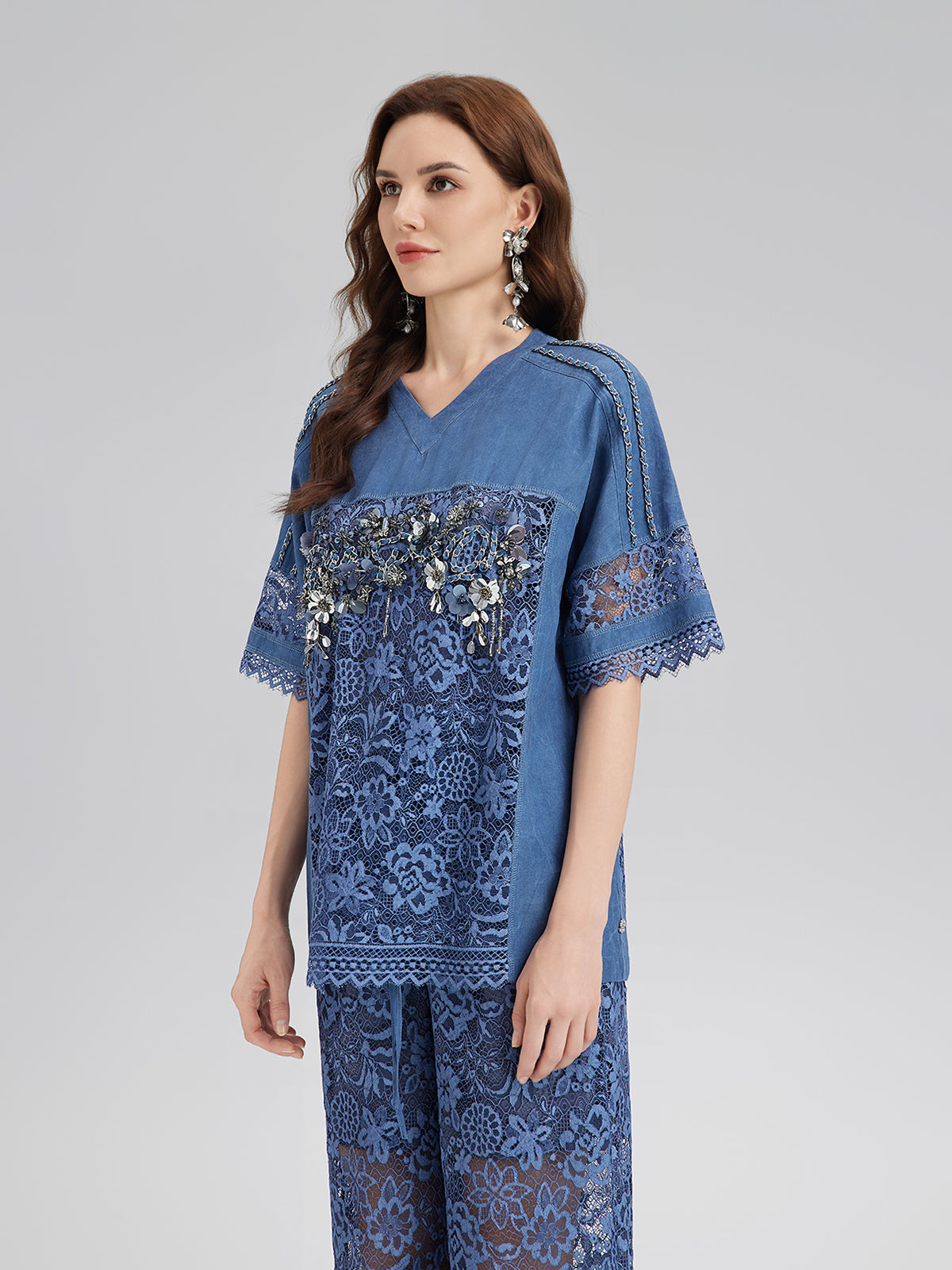 Hand-Beaded Lace Panel V-Neck Top