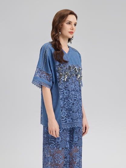 Hand-Beaded Lace Panel V-Neck Top