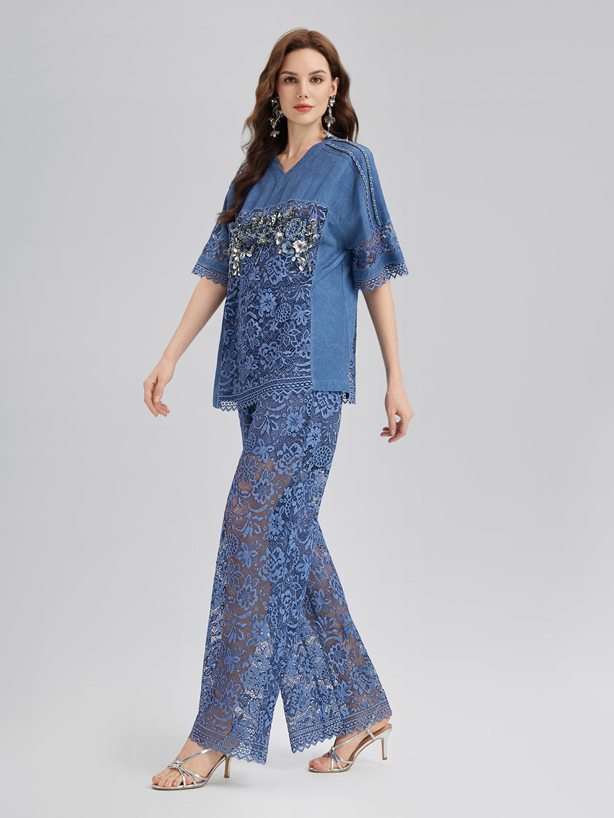 Hand-Beaded Lace Panel V-Neck Top