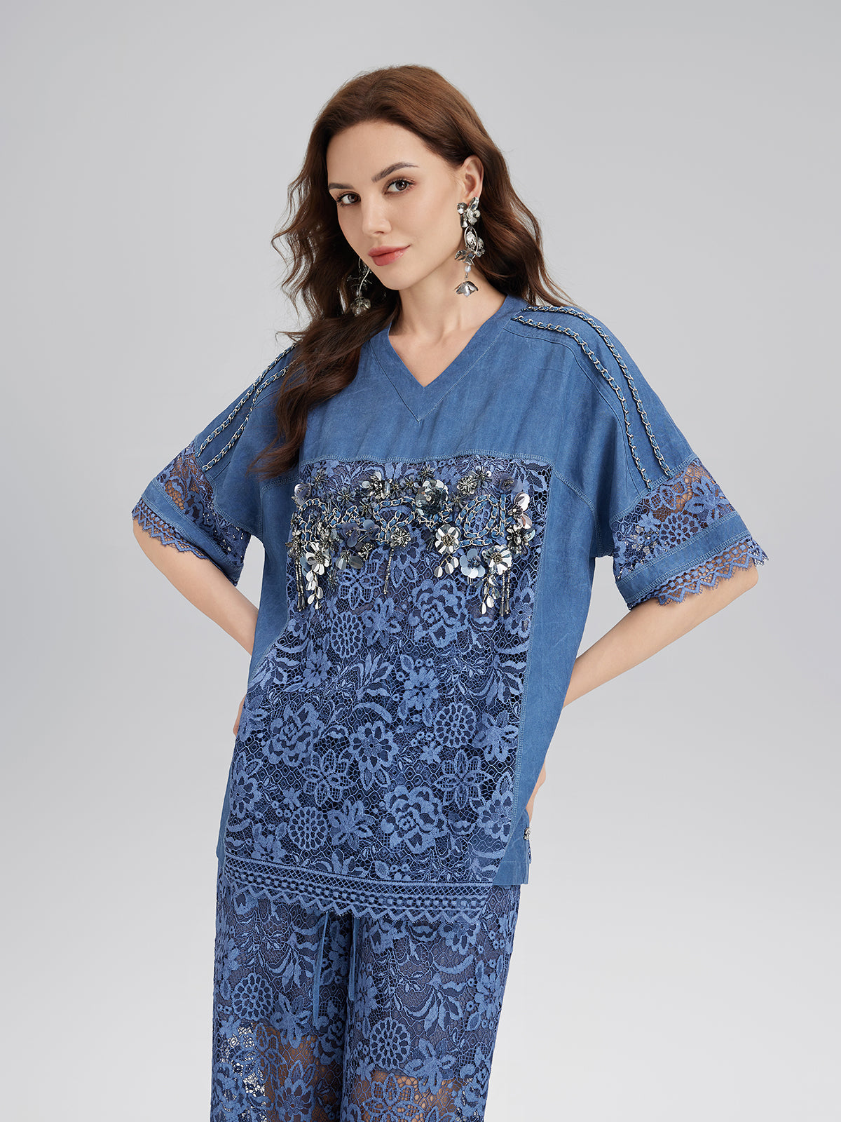 Hand-Beaded Lace Panel V-Neck Top