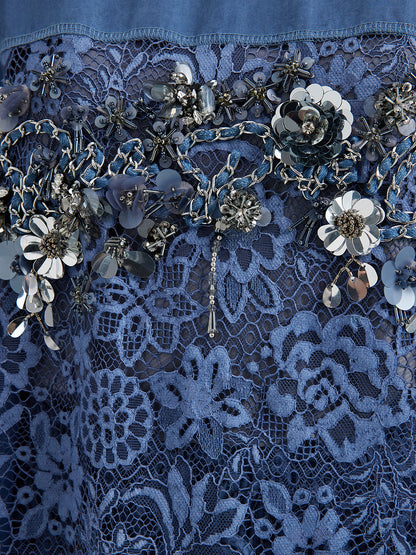Hand-Beaded Lace Panel V-Neck Top