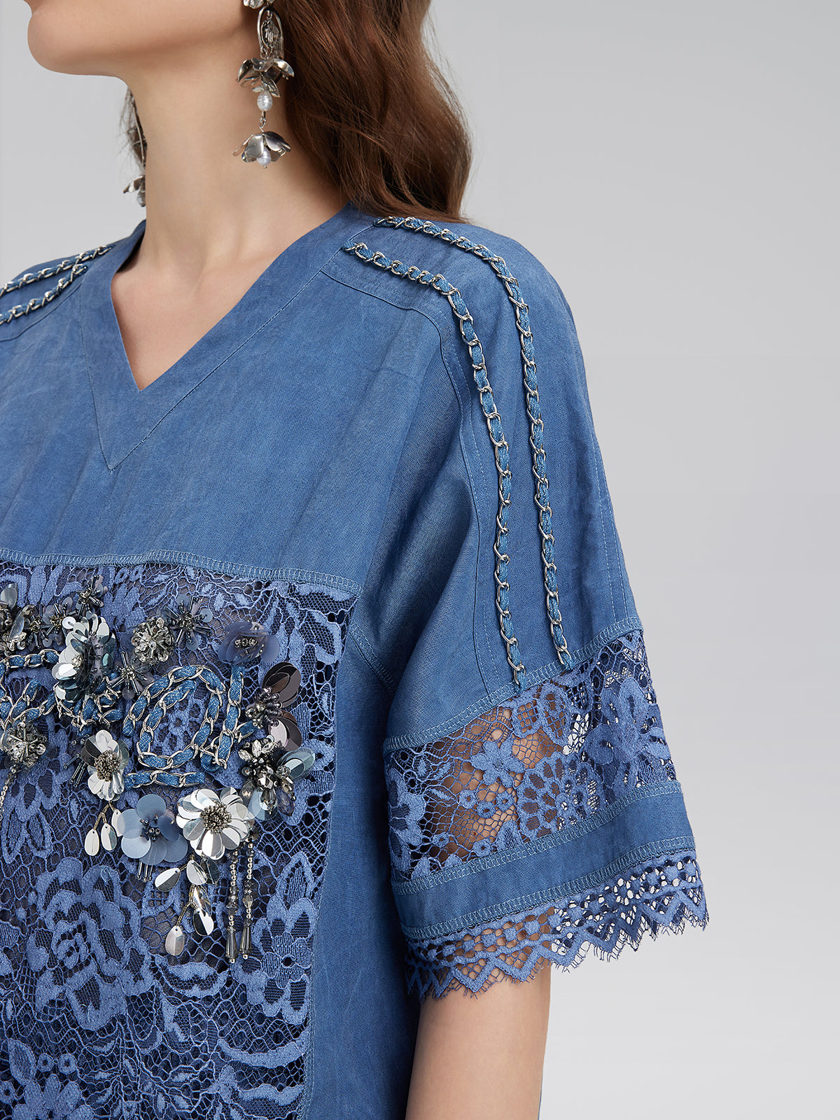Hand-Beaded Lace Panel V-Neck Top