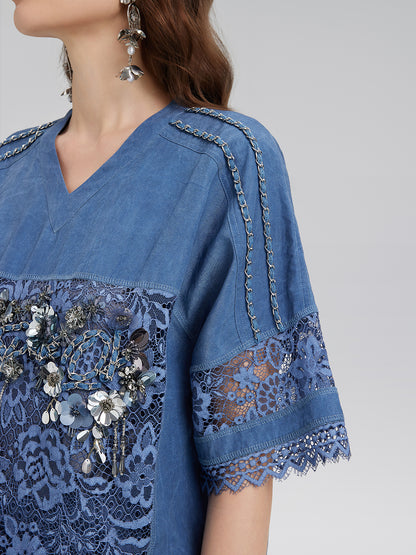 Hand-Beaded Lace Panel V-Neck Top