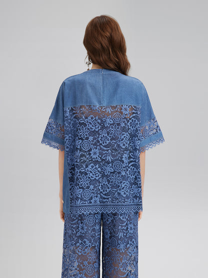 Hand-Beaded Lace Panel V-Neck Top