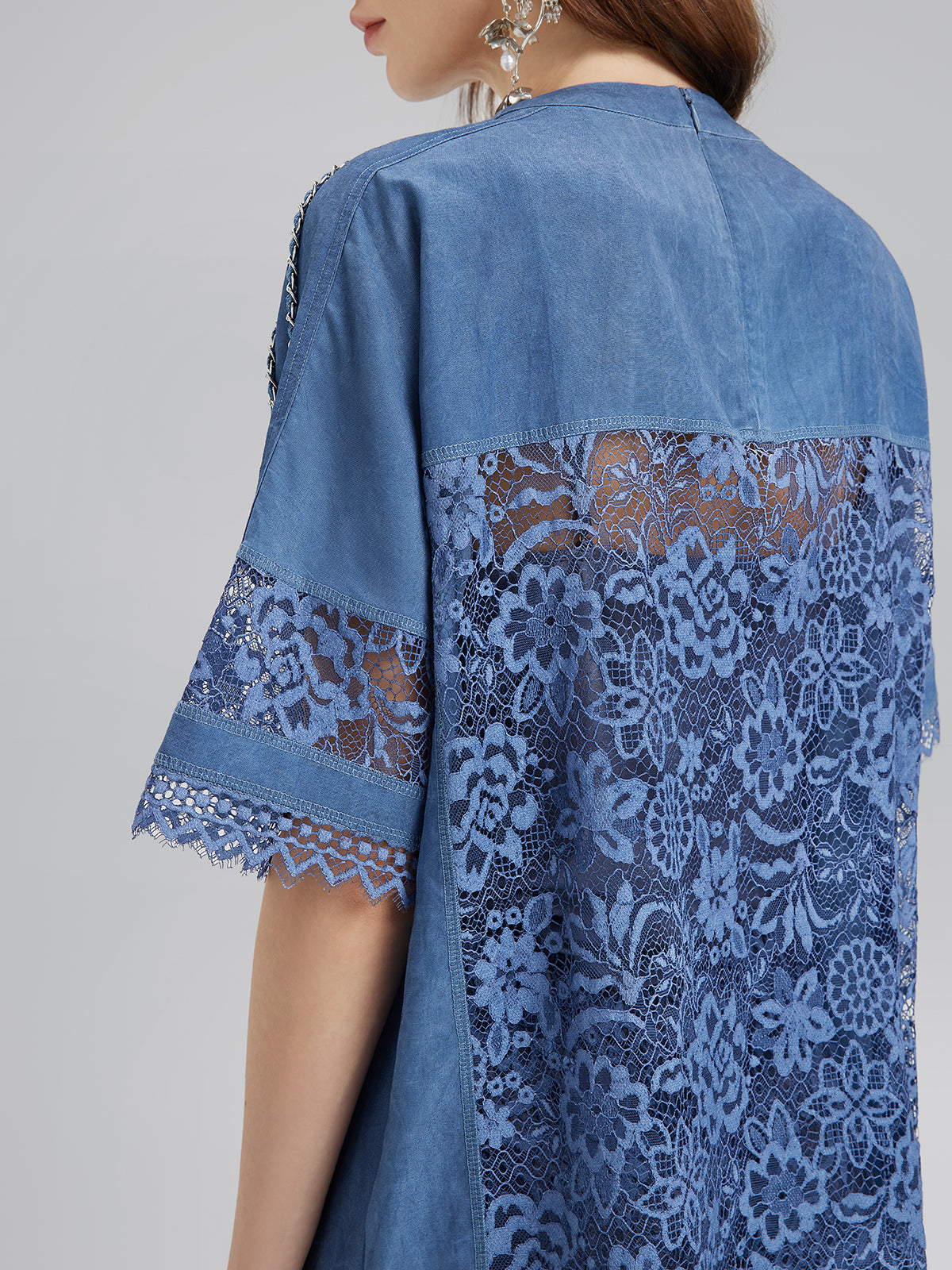 Hand-Beaded Lace Panel V-Neck Top