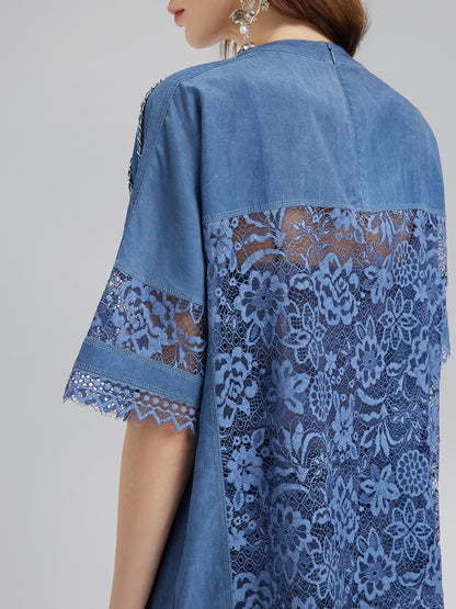 Hand-Beaded Lace Panel V-Neck Top