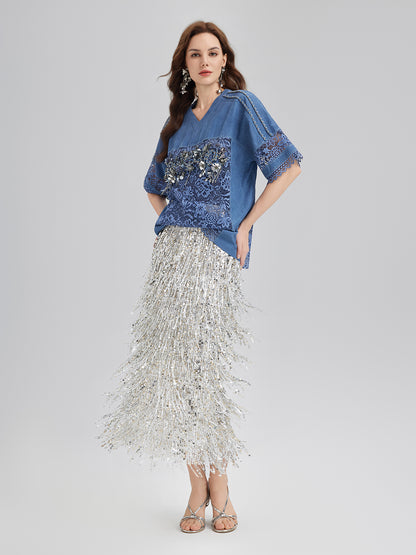 Hand-Beaded Lace Panel V-Neck Top