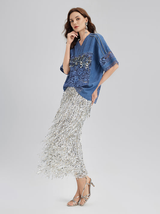 Hand-Beaded Lace Panel V-Neck Top